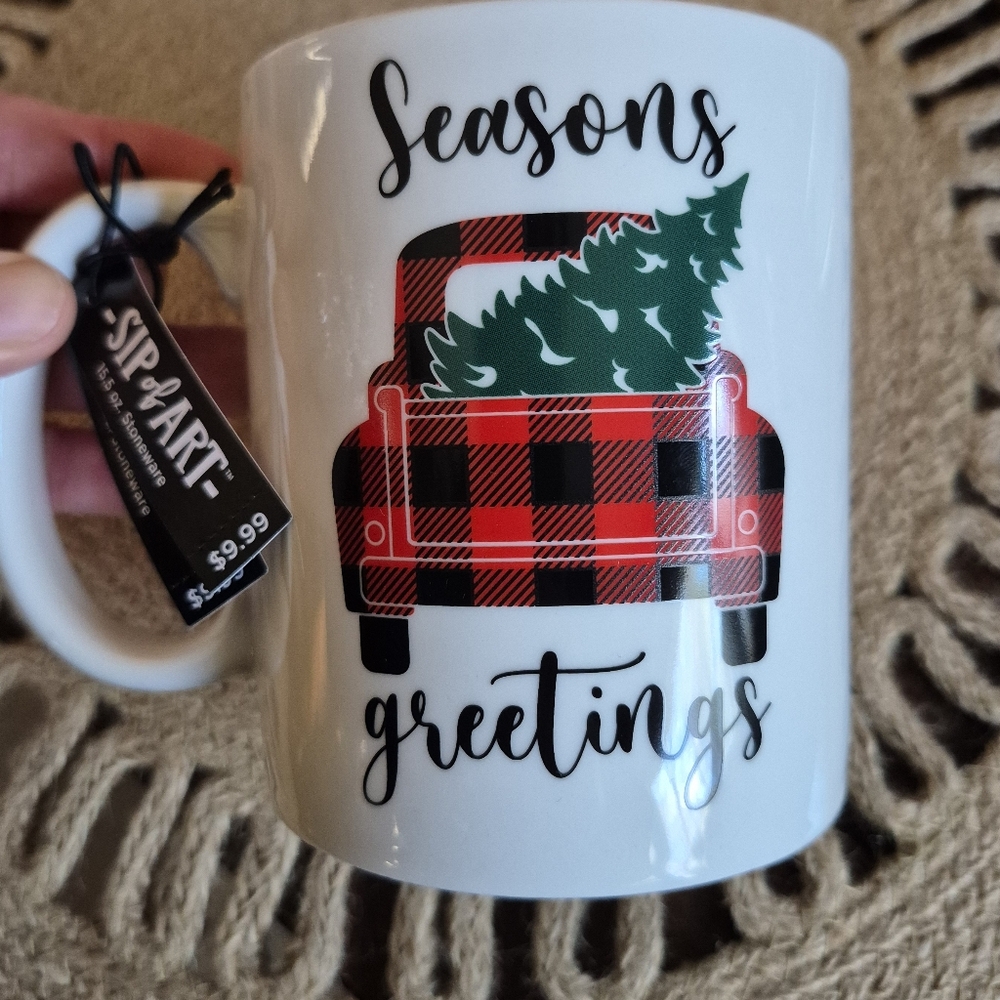 ❤️‍🔥New Seasons Greetings Christmas Tree Truck Sip Of Art Large Mug Nwt